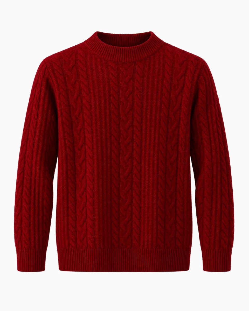 A red cable-knit crewneck sweater displayed against a solid white background.