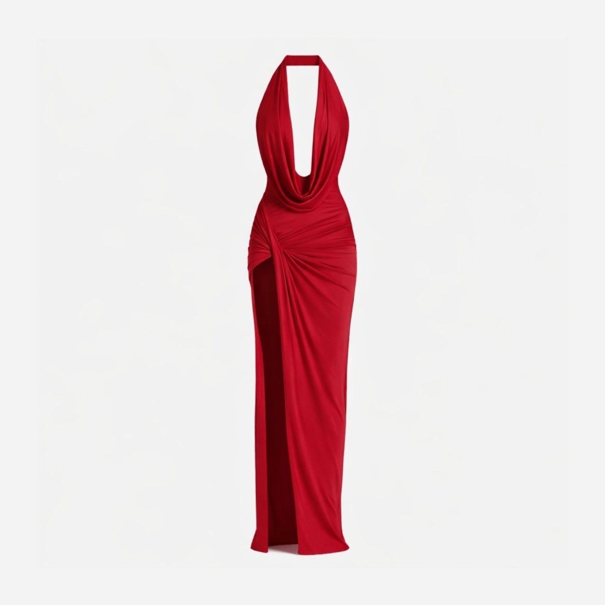 Studio product shot of the Kouvr Nina red halter maxi dress on a white background, displaying its full length and design details.