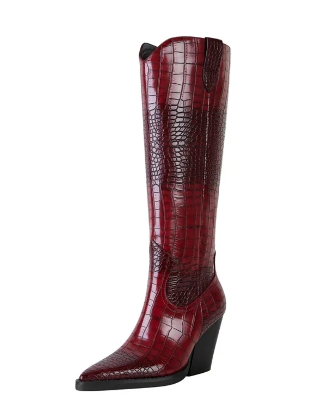 A single knee-high western boot with a pointed toe and a dark wedge heel, featuring a glossy red and black crocodile-embossed pattern on a plain white background.