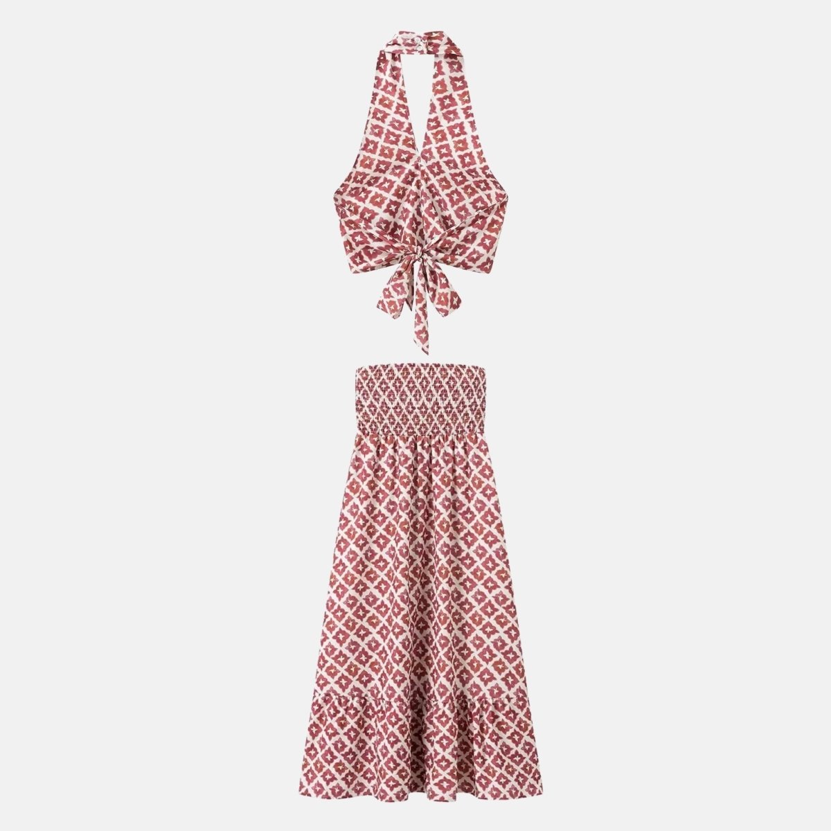 Studio flat lay back view of Fenlo Form matching co-ord outfit showing back tie straps and shirred elastic waistband.