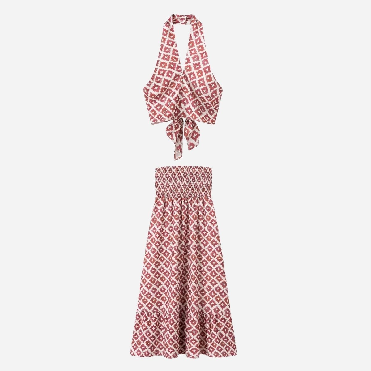 Studio flat lay of Fenlo Form red patterned matching set featuring wrap halter top and tiered midi skirt front view.