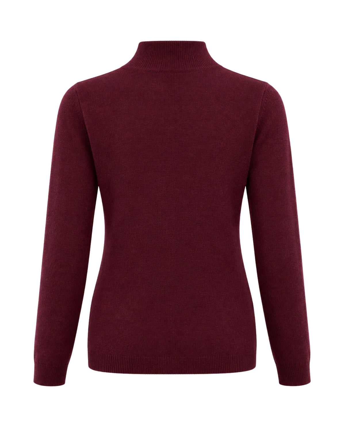 A women's long-sleeve mock neck sweater in a deep burgundy color, shown from the back on a plain white background.