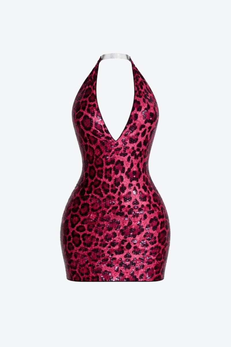Flat lay front view of the Fenlo Form red sequin animal print plunging v-neck mini dress.