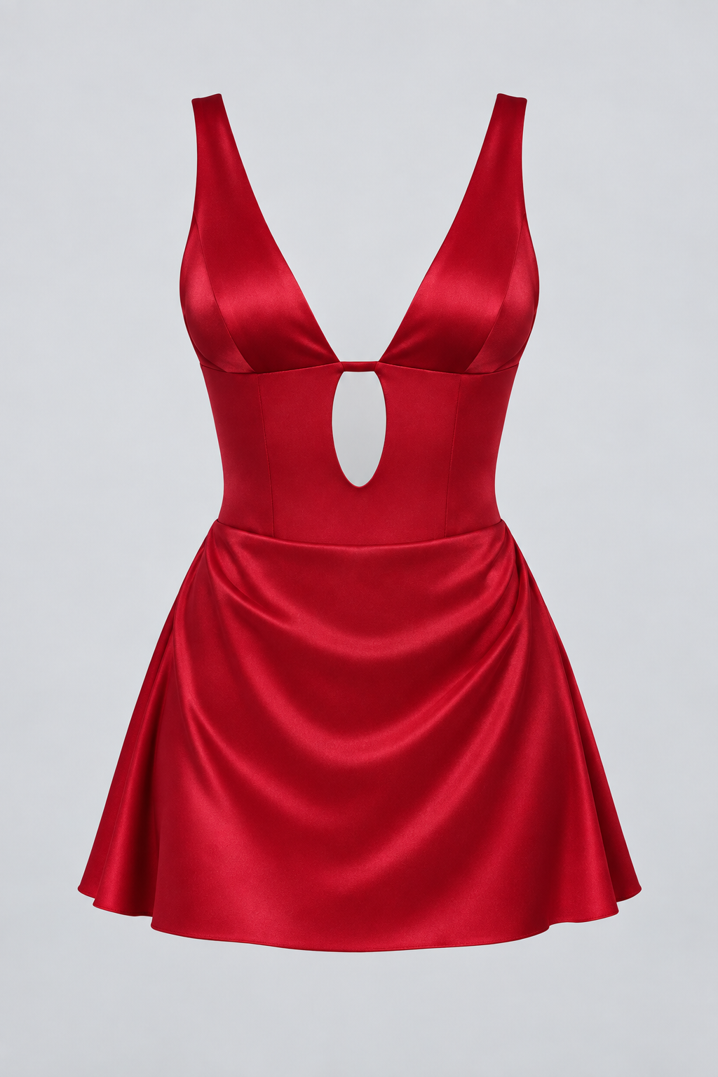 A red satin mini dress with a plunging V-neckline, a central keyhole cutout, and a flared skirt, shown against a solid light gray background.