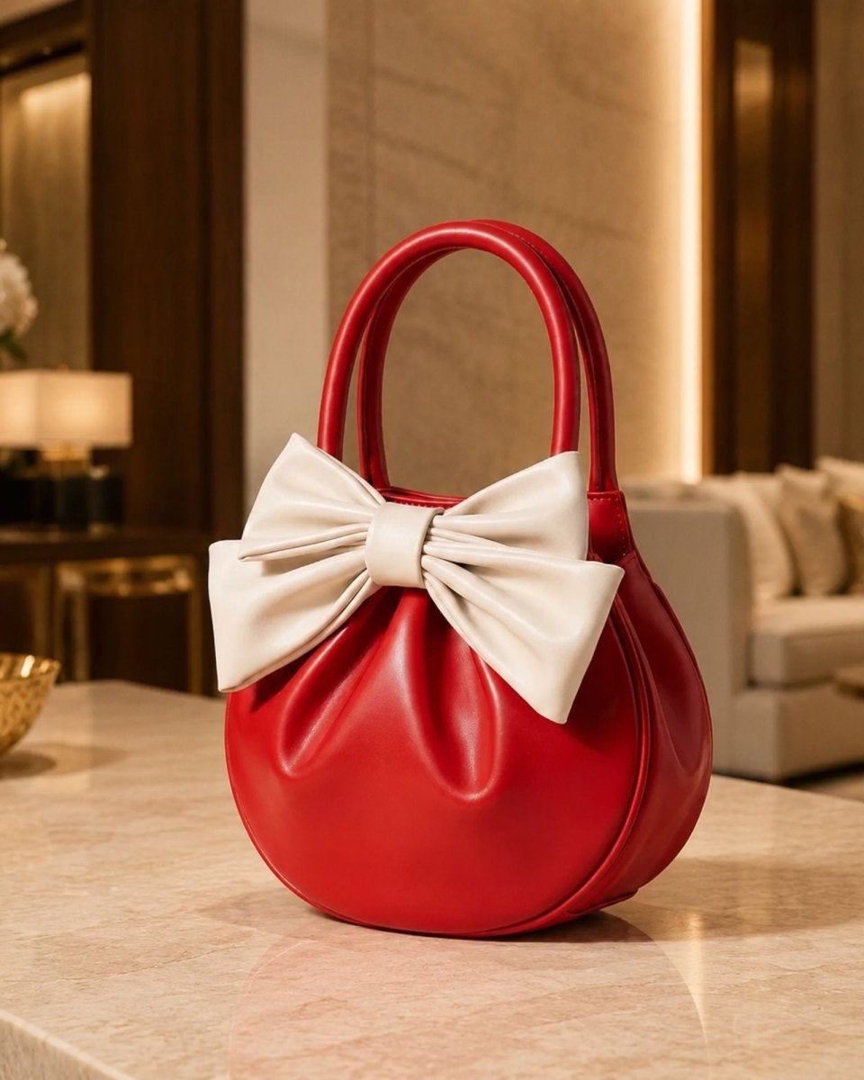 A red leather handbag with a large white bow on the front, displayed on a marble countertop in a modern, upscale living room setting.