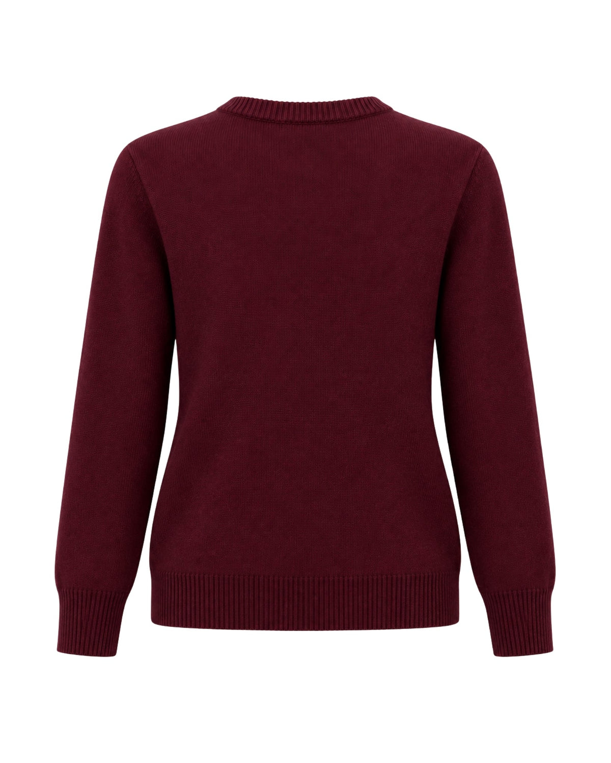 A long-sleeve crewneck sweater in a deep burgundy color, shown from the back on a plain white background.