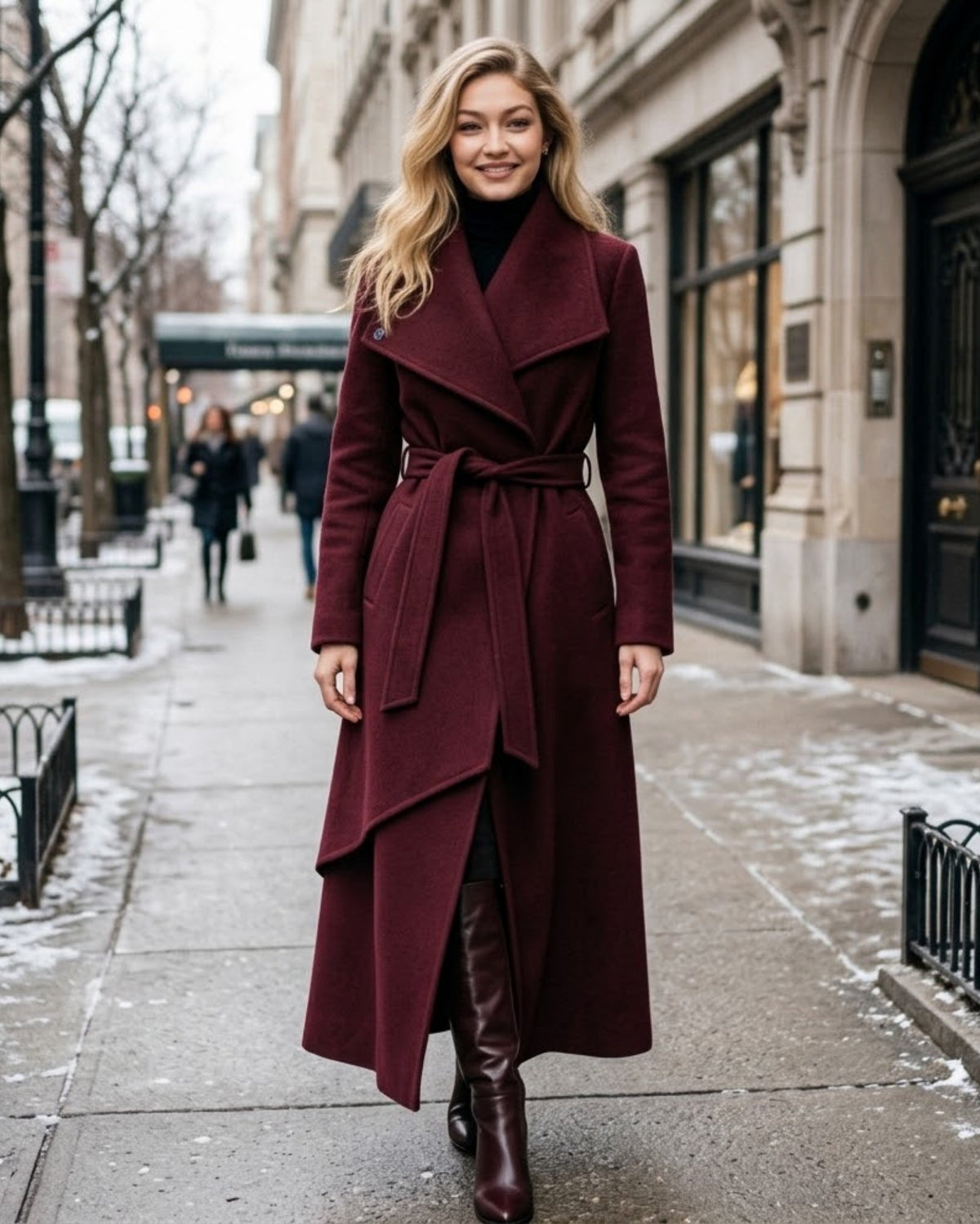 A woman walking on a city sidewalk wearing a long burgundy wrap coat with a tie waist, a black turtleneck, and dark brown knee-high boots.