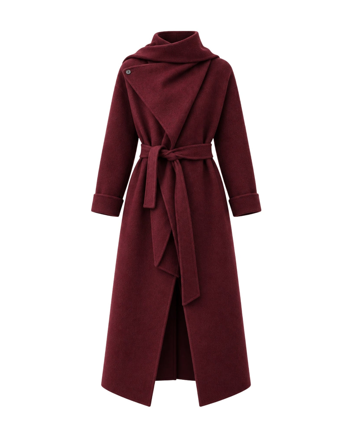 A long burgundy wrap coat with a high draped collar, long sleeves, and a matching waist tie, shown on a plain white background.
