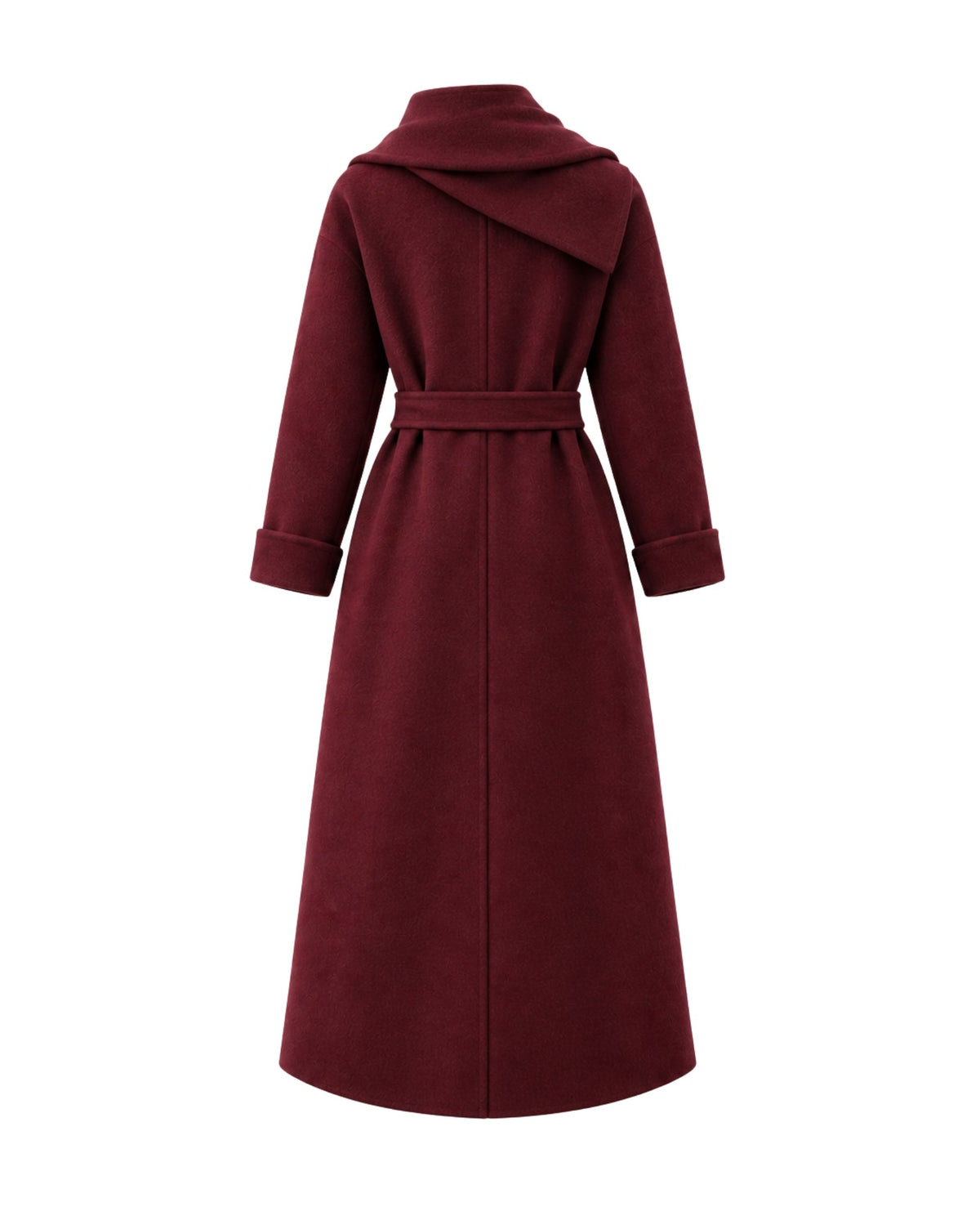 A long burgundy wrap coat with a matching waist belt, shown from the back on a plain white background.