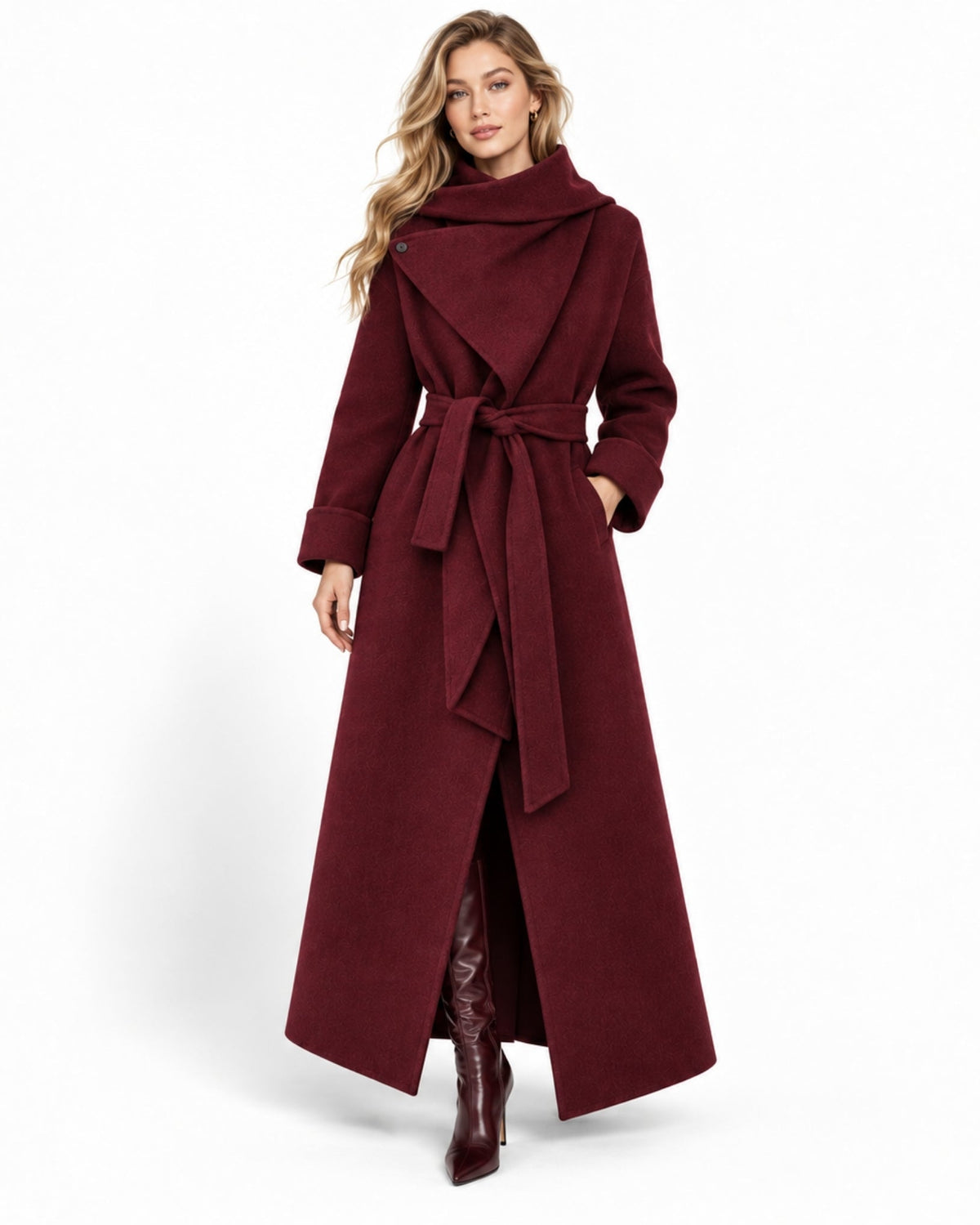 A woman modeling a long, dark burgundy wrap coat with a high collar and matching waist tie, paired with dark brown knee-high boots, against a plain white studio background.