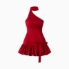 Product-only studio shot of the Kouvr red one-shoulder cocktail dress with a bow detail and flounced hem.