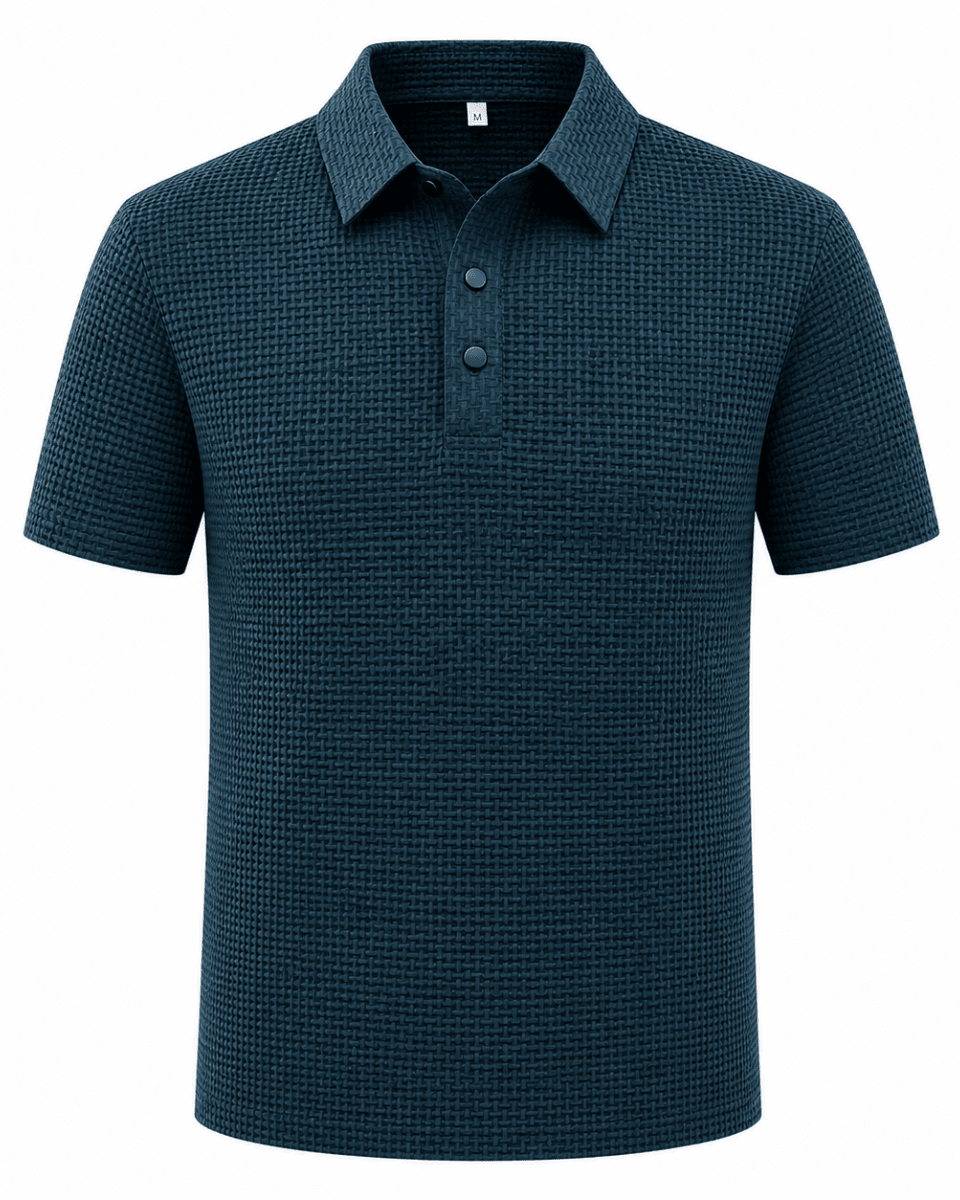 Blue textured polo shirt on a white background