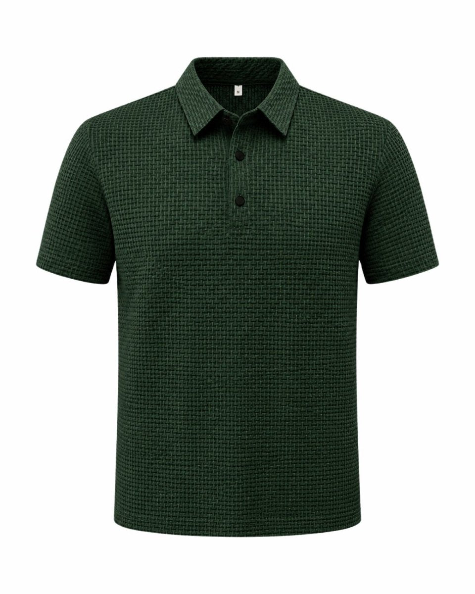 A dark green short-sleeve polo shirt with a textured, fine-grid pattern, shown on a plain white background.