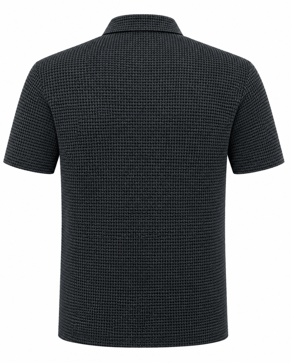 Black patterned polo shirt on a white background