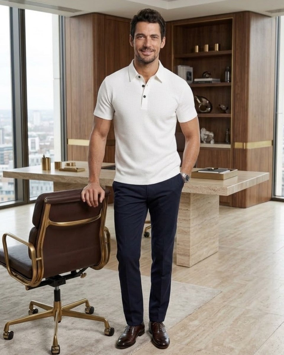 A man wearing a white short-sleeve polo shirt and navy trousers stands in a modern office setting next to a brown leather and gold office chair.