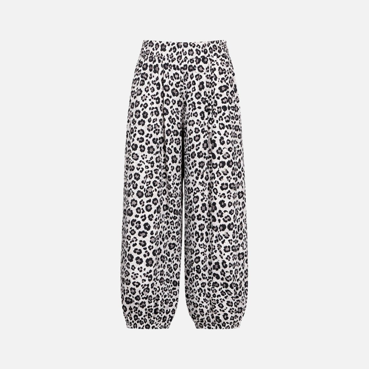 Flat lay front view of relaxed fit leopard print dress pants showing wide leg cut and premium fabric texture