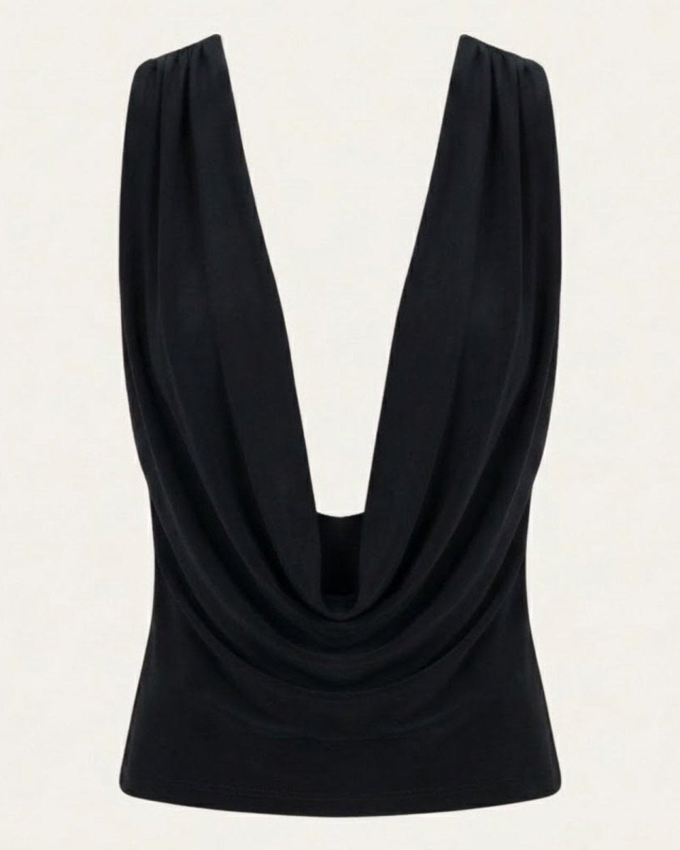 Product flat lay of the Rhea black sleeveless top showing the deep, luxurious cowl neck drape in the front.