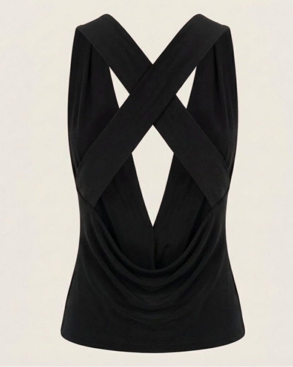 Product flat lay of the back of the Rhea top, highlighting the construction of the criss-cross straps and low draped back.