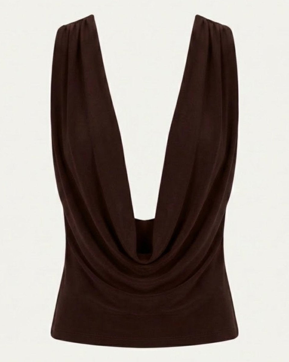 Flat lay of the Rhea top showing the dramatic plunging cowl neck drape in rich dark brown jersey.