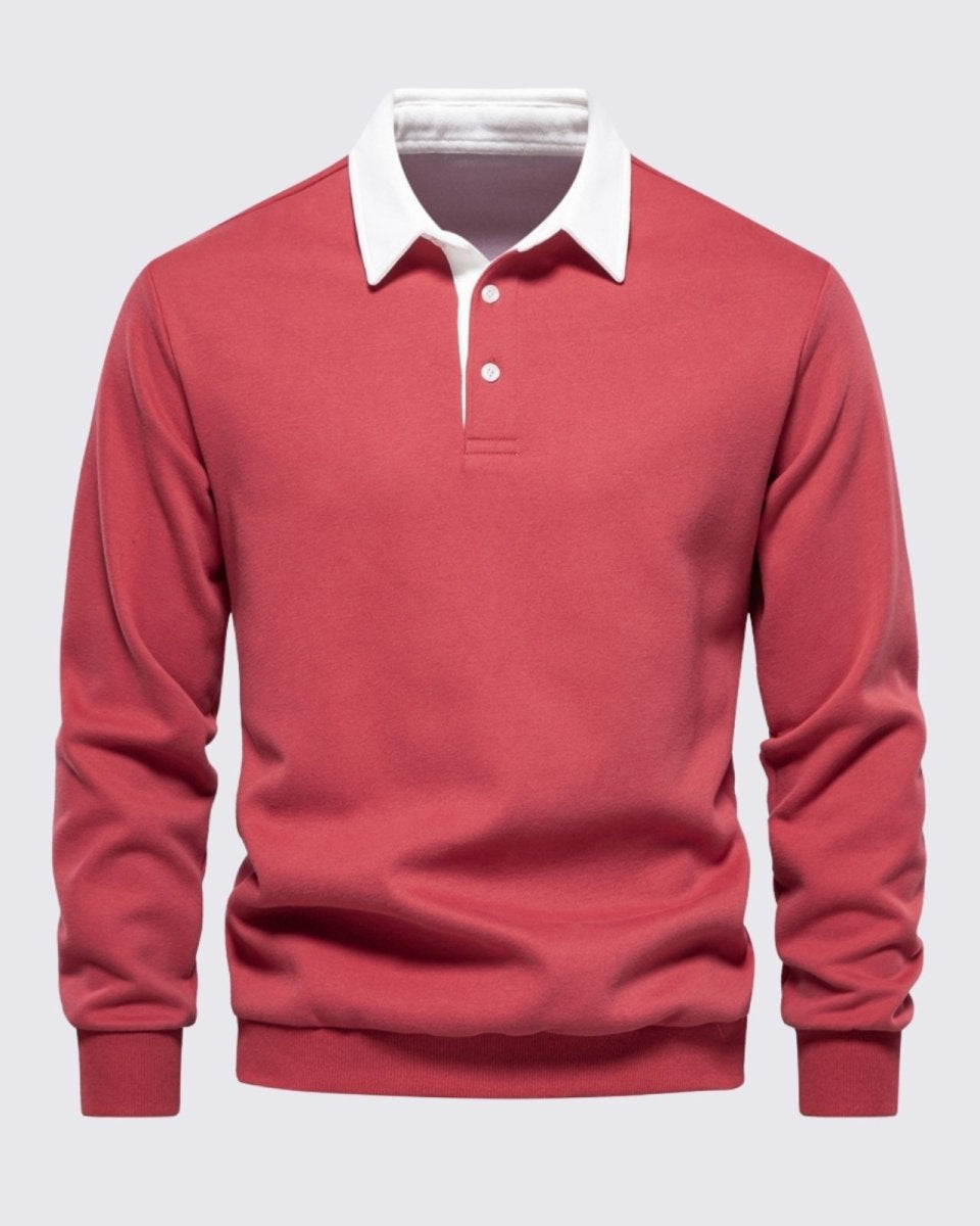 Front view flat lay of the Rhodes long sleeve polo sweater in rosewood red with a white contrast collar.
