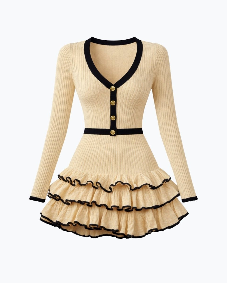 Flat lay product shot of a beige button down cardigan style mini dress with gold buttons and black trim detailing.