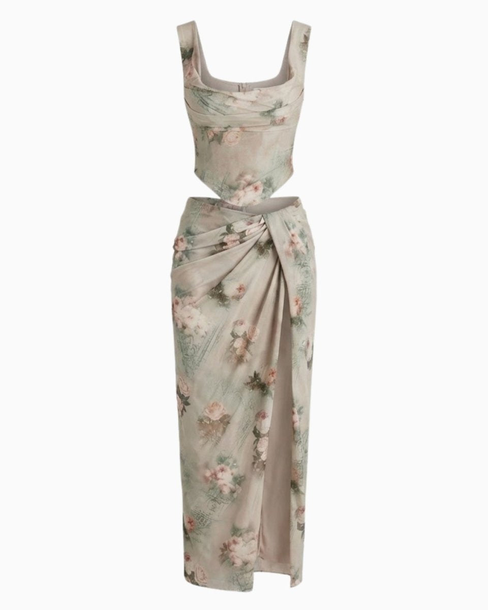 Flatlay of the Rona floral corset top and draped skirt set, showing the front design details of both pieces.