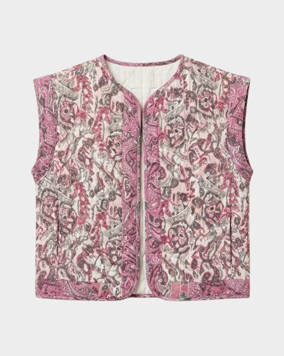 Flat lay product photograph of the front of the Rose quilted vest, displaying the open-front design and rich pink and mauve pattern.