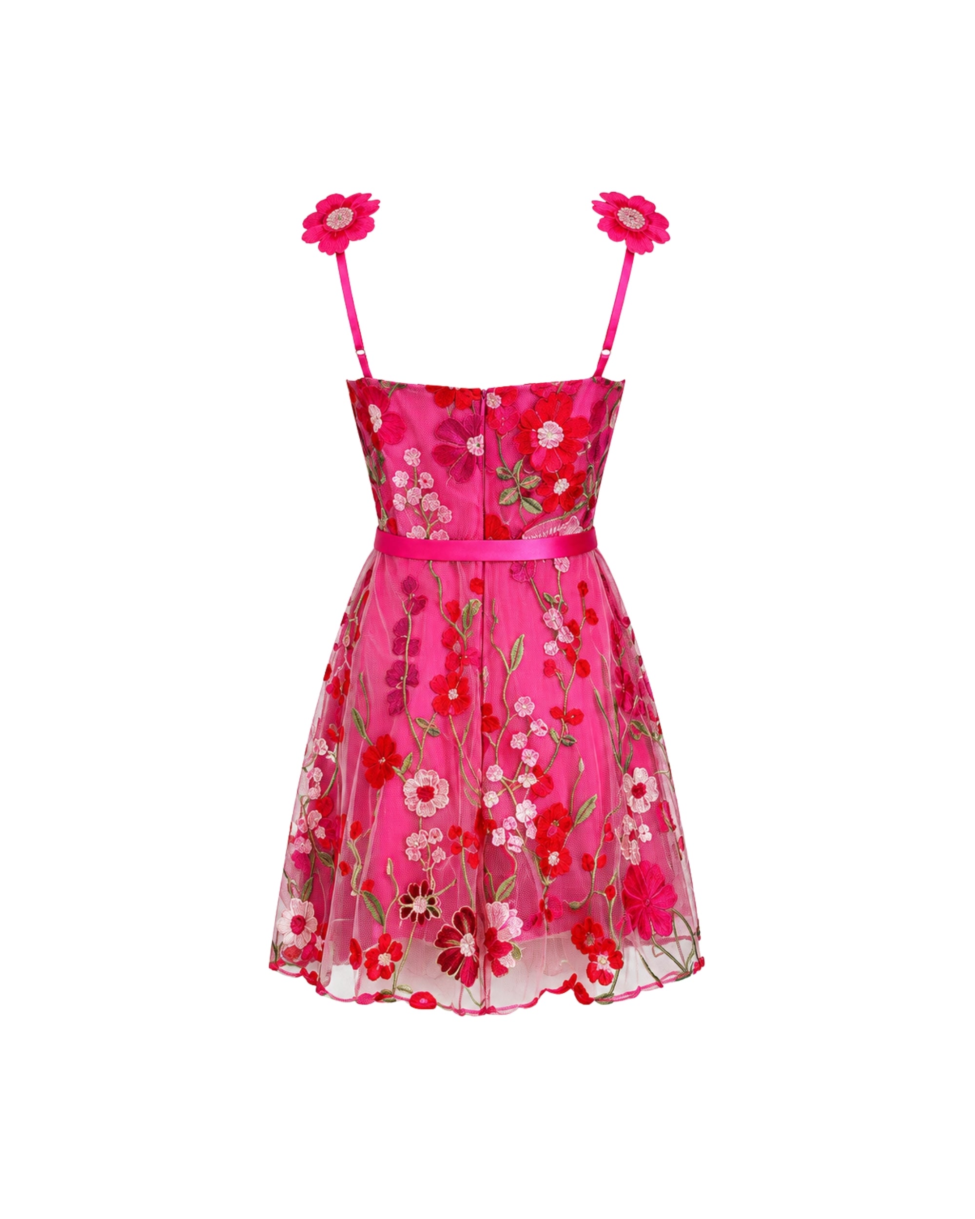 A bright pink sleeveless dress with floral embroidery and applique, featuring flower-shaped shoulder straps, a matching pink waistband, and a sheer tulle skirt with embroidered flowers.
