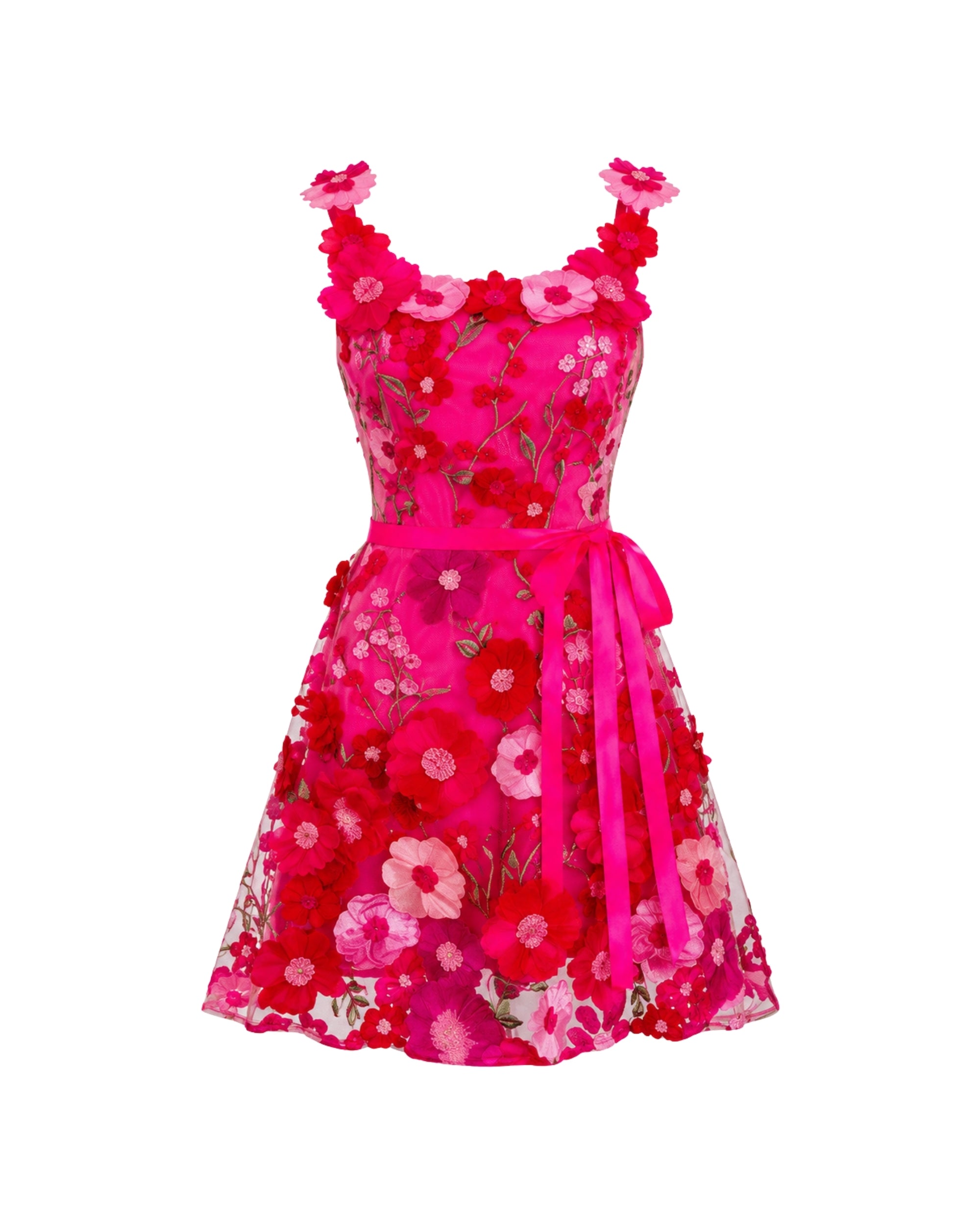 A sleeveless pink dress with a vibrant floral pattern, featuring 3D flower appliqués on the bodice and skirt, and a matching pink waist tie, shown against a plain white background.