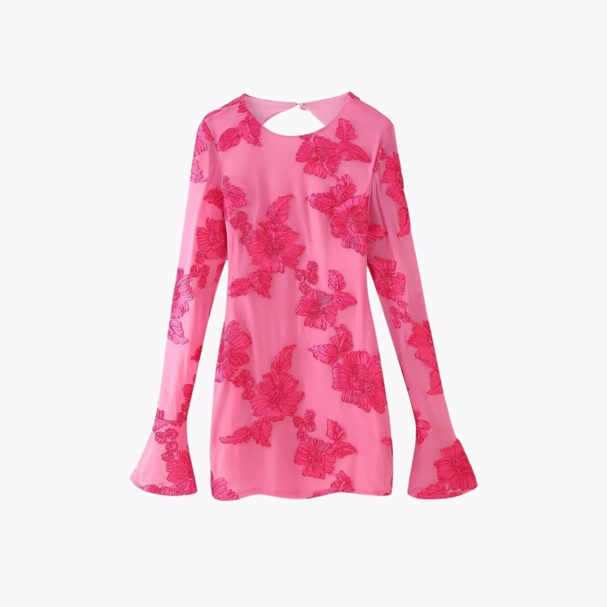 Flat lay front view of the rose red 3D floral applique mini dress with flared sleeves by Fenlo Form.