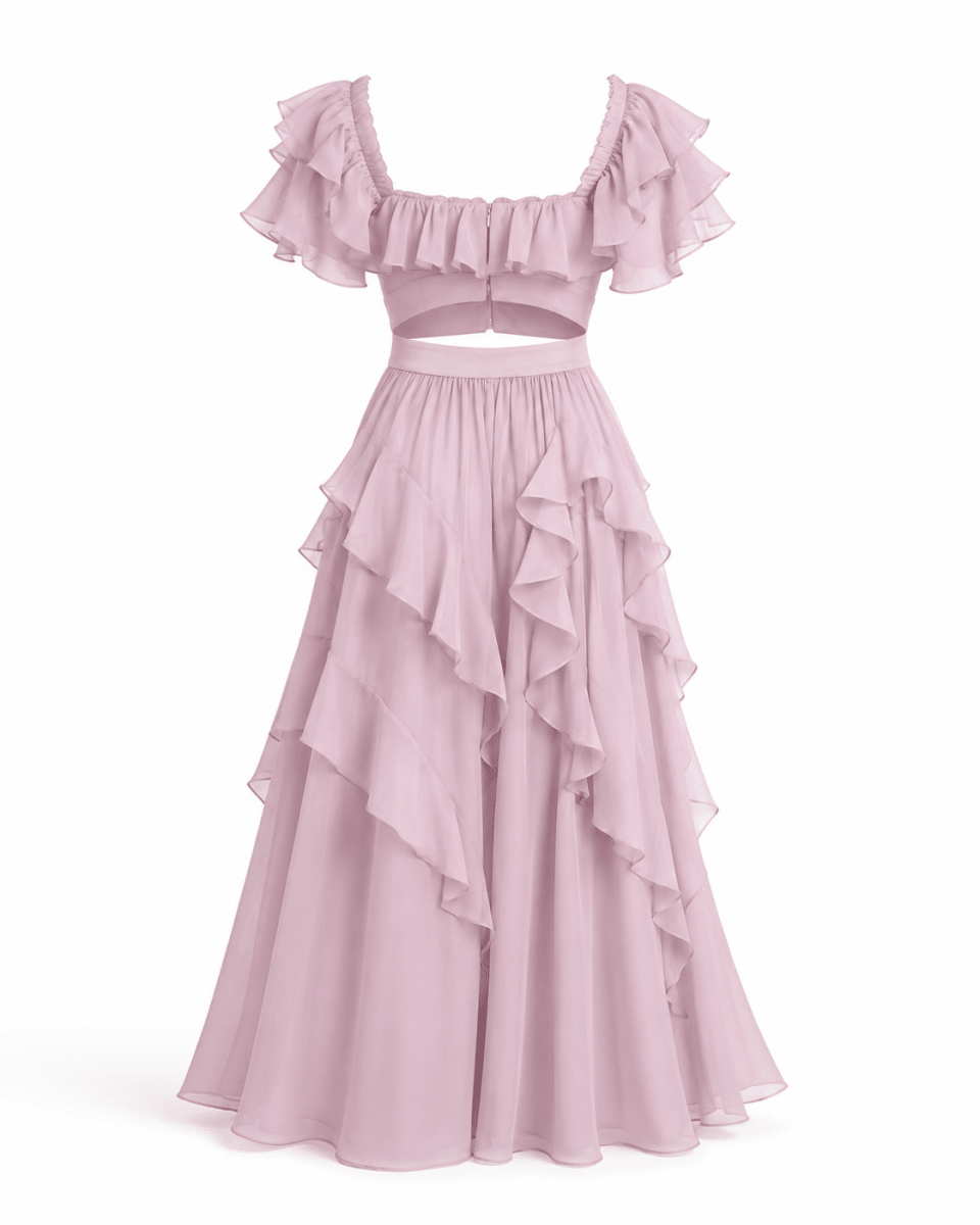 A light pink two-piece dress set featuring a ruffled off-the-shoulder crop top and a matching tiered maxi skirt, displayed on a clean white background.