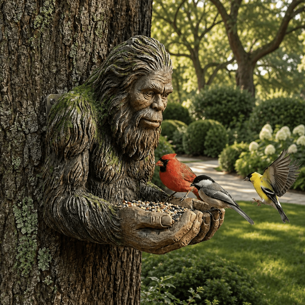 A large tree-mounted bird feeder shaped like a muscular bearded figure holding seed bowls, shown in a landscaped garden with real birds feeding nearby.