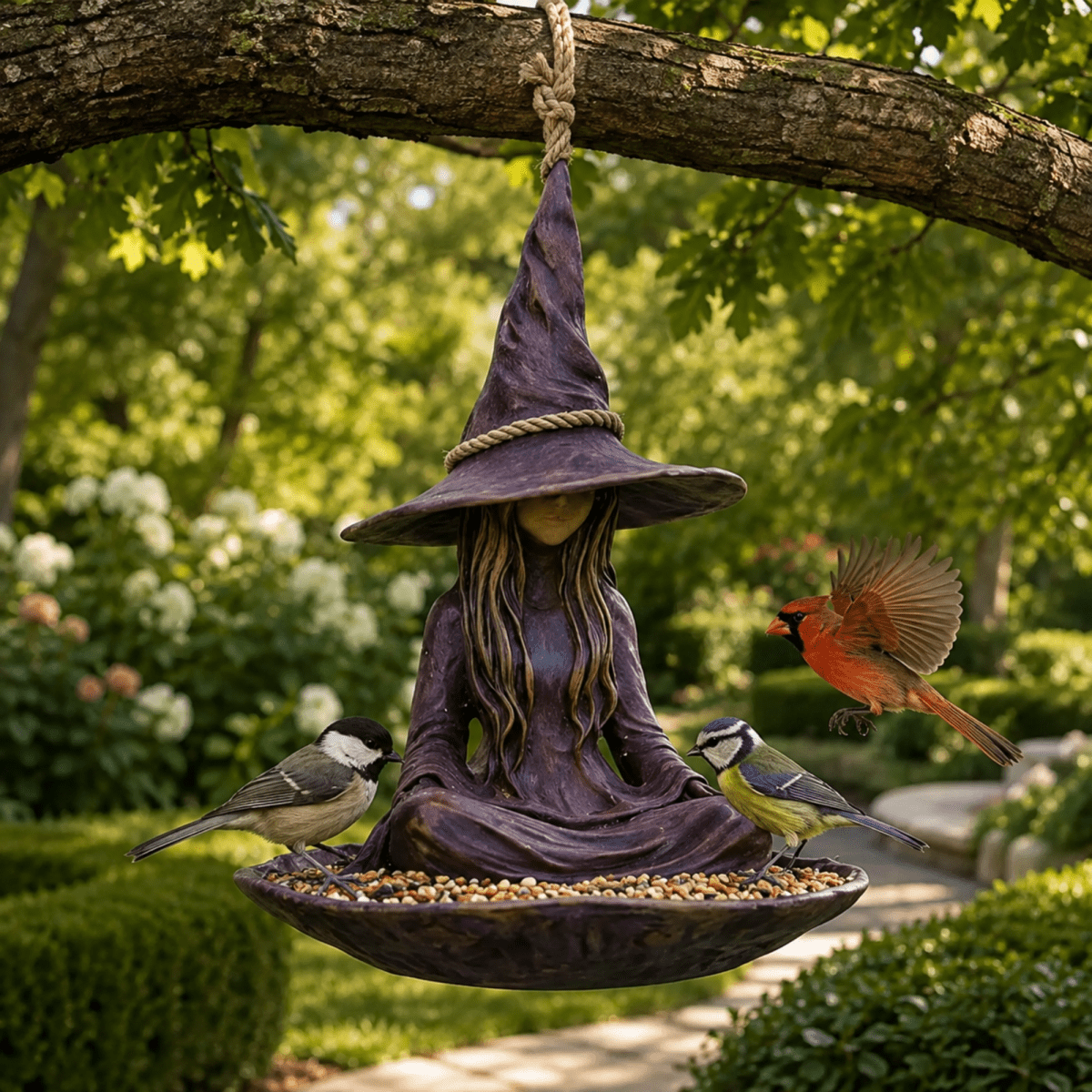 A witch-themed bird feeder hanging from a tree branch in a garden, featuring a seated figure in a pointed hat with a bowl filled with birdseed. Two small birds are perched on the feeder, and a larger red bird flies nearby, against a blurred green garden background.