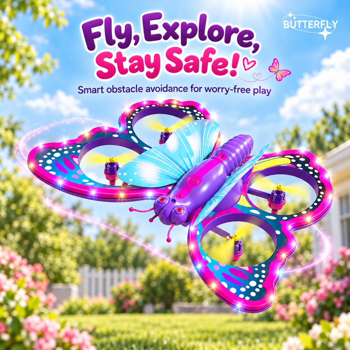 A butterfly-shaped toy drone with glowing pink, blue, and purple LED lights, shown flying in a sunny garden. The image includes promotional text 'Fly, Explore, Stay Safe!' and a 'BUTTERFLY' brand logo.