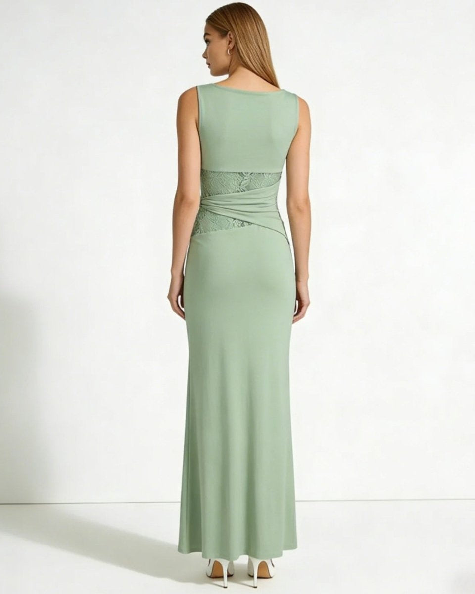 Back view of the sage green formal dress, highlighting the boat neckline and lace wrap detail on the lower back.