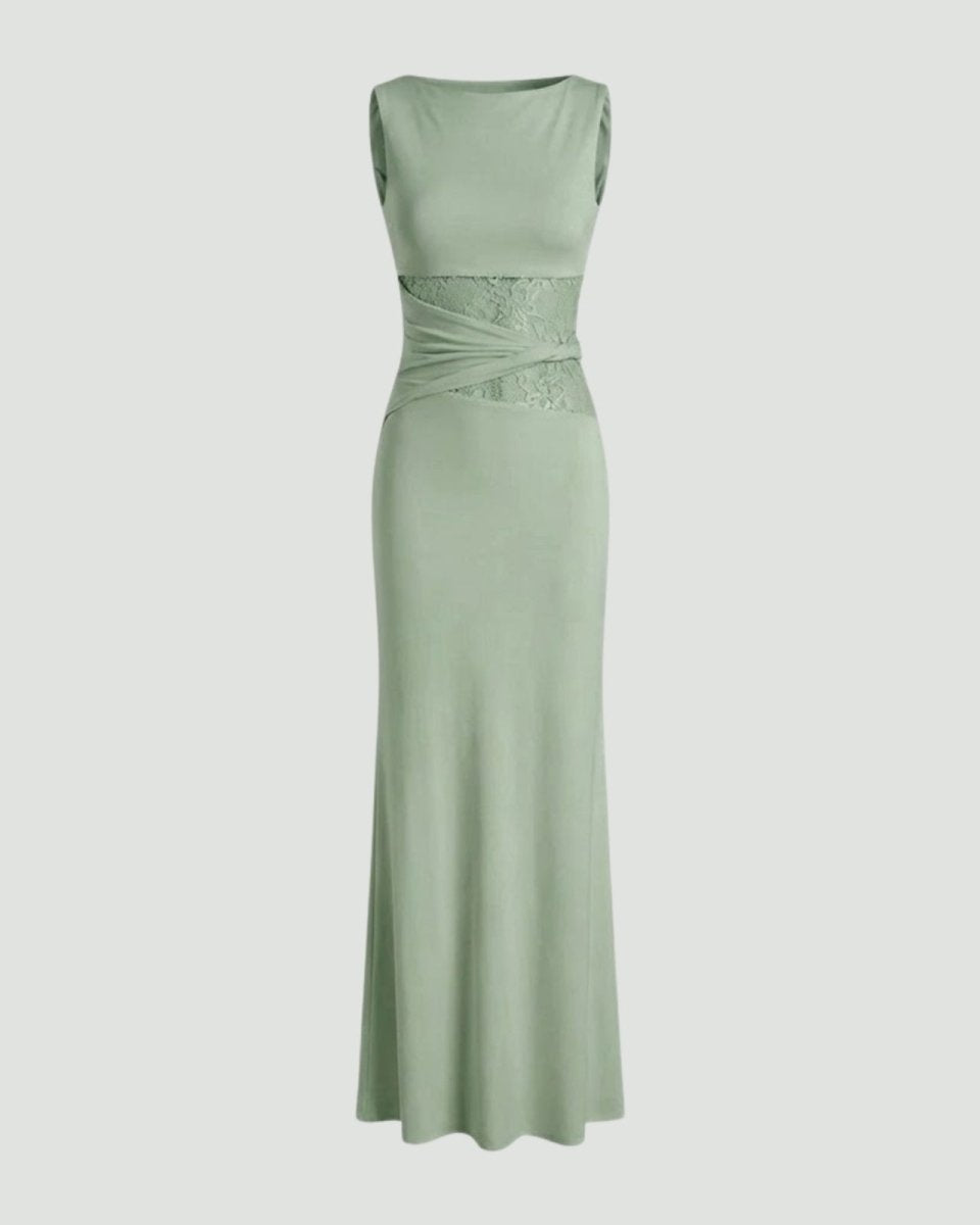 Product-only image of the sage green lace insert maxi dress on a light background, front view.