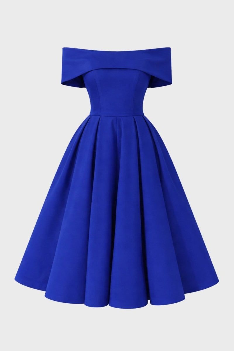 Front view of an empty sapphire blue off shoulder A line dress on a light grey background