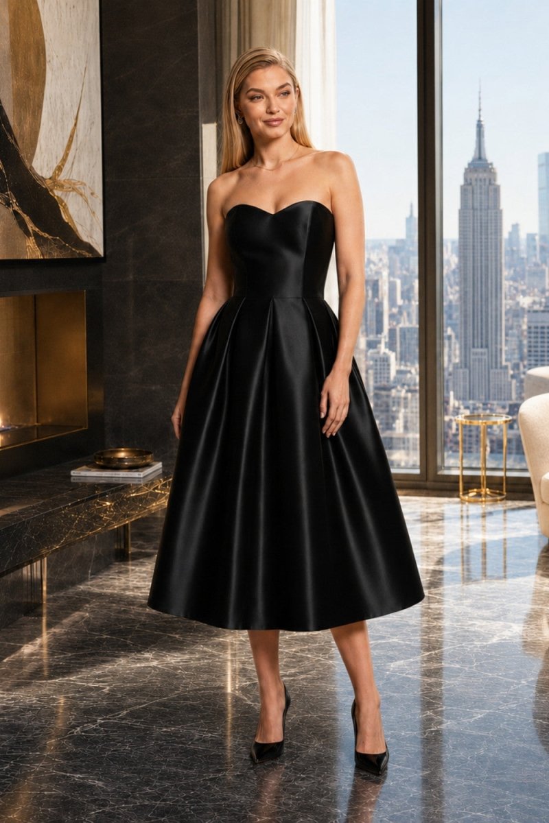 A woman models a strapless black satin midi dress with a sweetheart neckline, structured bodice, and full A-line skirt, standing in a luxury room with a city skyline view.