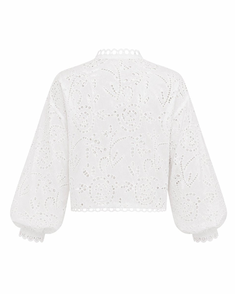 Flat lay back view showcasing the delicate cutwork and scalloped hem of the Fenlo Form white lace top.