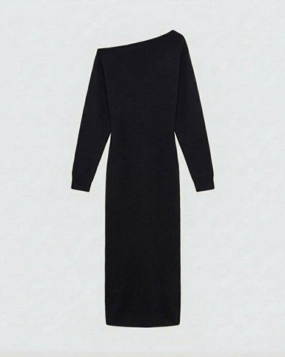 Flatlay product shot of the Selena one-shoulder black long-sleeve knit dress, back.