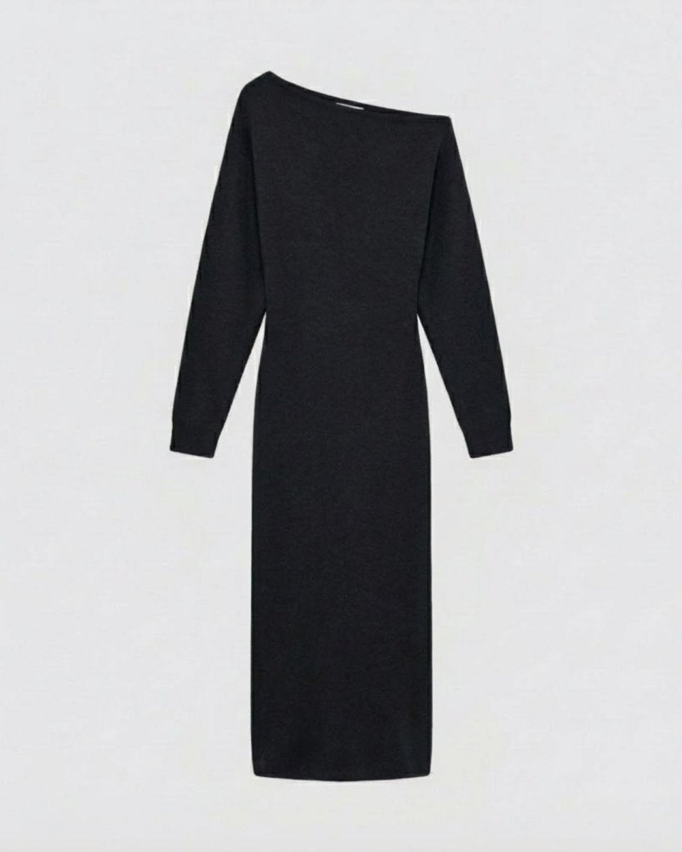Flatlay product shot of the Selena one-shoulder black long-sleeve knit dress, front.