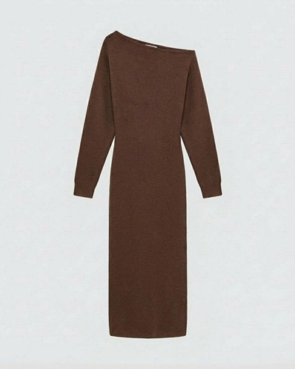 Flat lay of the brown asymmetrical long sleeve sweater dress, showcasing the soft knit texture and overall shape of the garment.