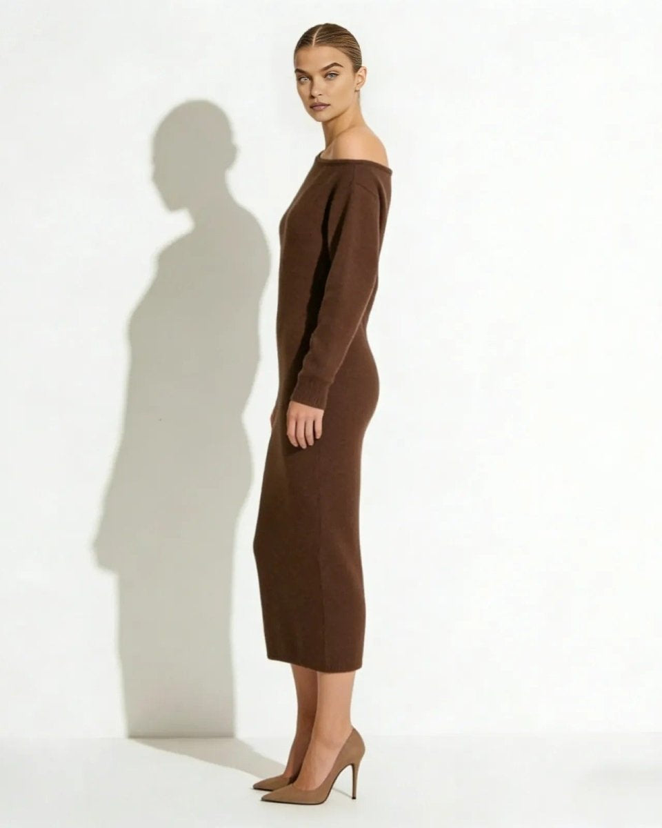 Side profile of the Selena dark brown knit midi dress, highlighting its sleek column silhouette and body-skimming fit.