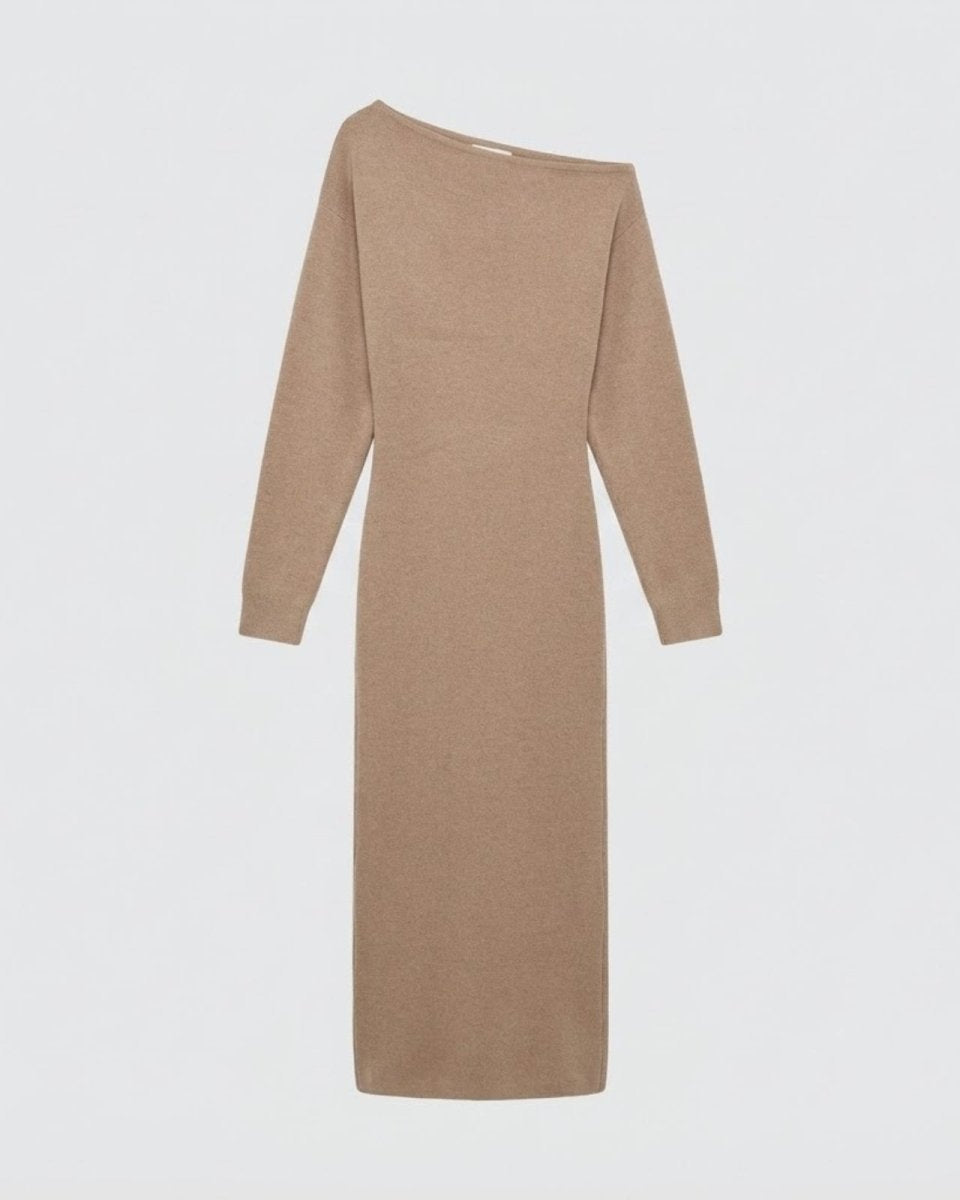 Flatlay product shot of the Selena one-shoulder long sleeve knit dress in camel, front.