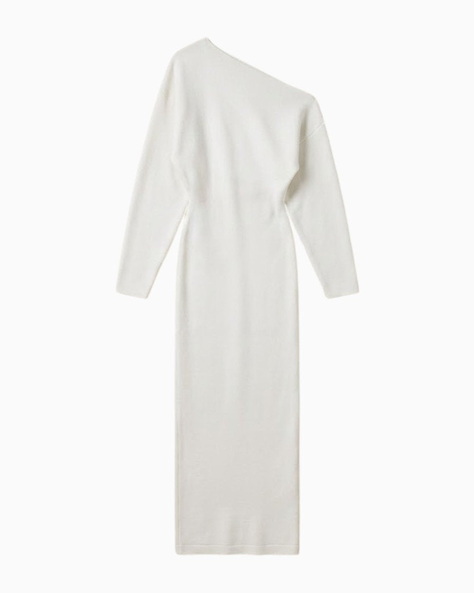 Flat lay product shot of the Selena one-shoulder white knit dress, front view.