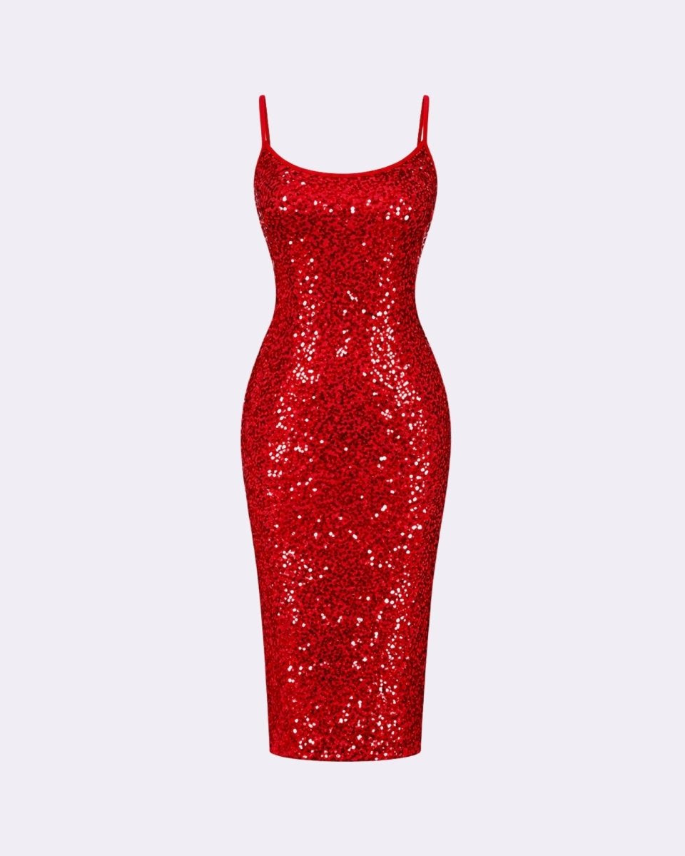 Flat lay front view of premium sequin midi slip dress showing soft scoop neckline