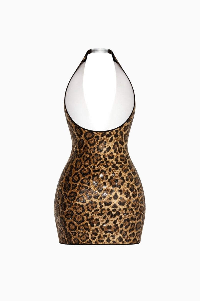 Back flat lay studio view of Fenlo Form open back halter sequin leopard print dress