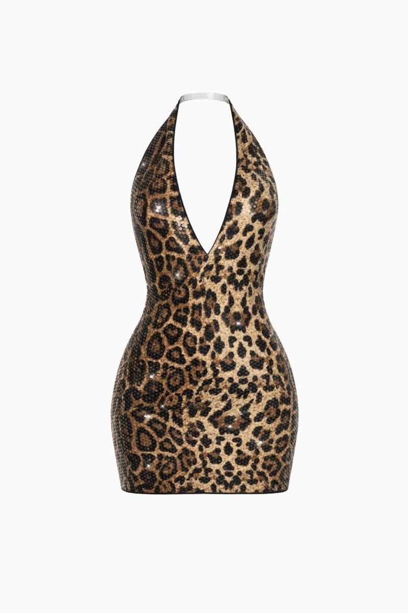 Front flat lay studio view of Fenlo Form plunging neckline sequin leopard mini dress