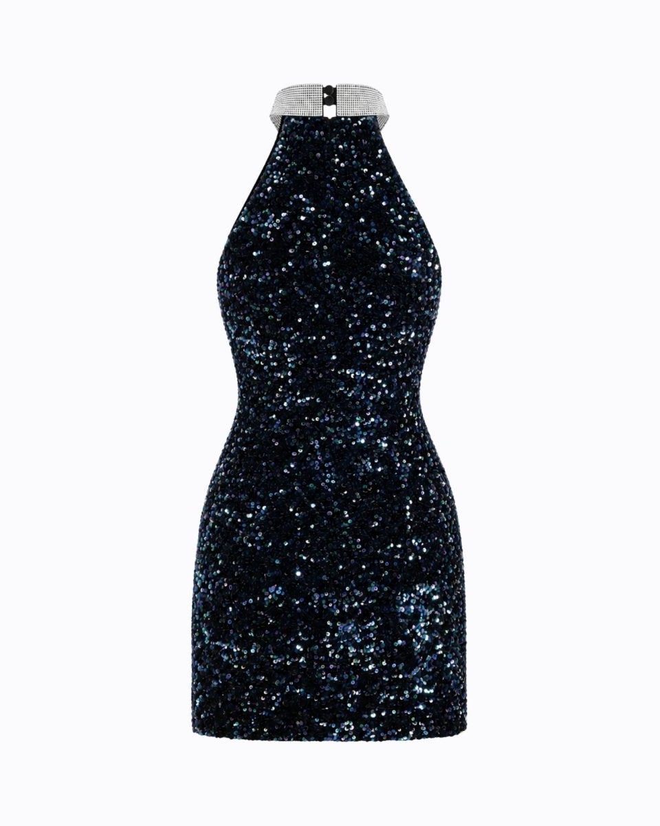 Flat lay back view of a dark blue sequin mini dress showing the secure neck clasp hardware and tailored bodycon shape.