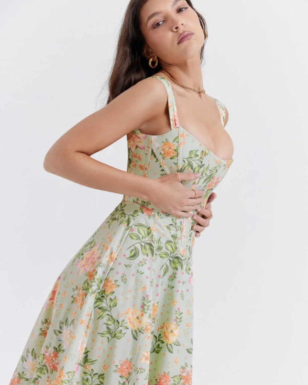 structured bodice," "A-line skirt," "square neckline," "lace-up back," "romantic silhouette," "occasion wear," "special event dress," and "feminine fit